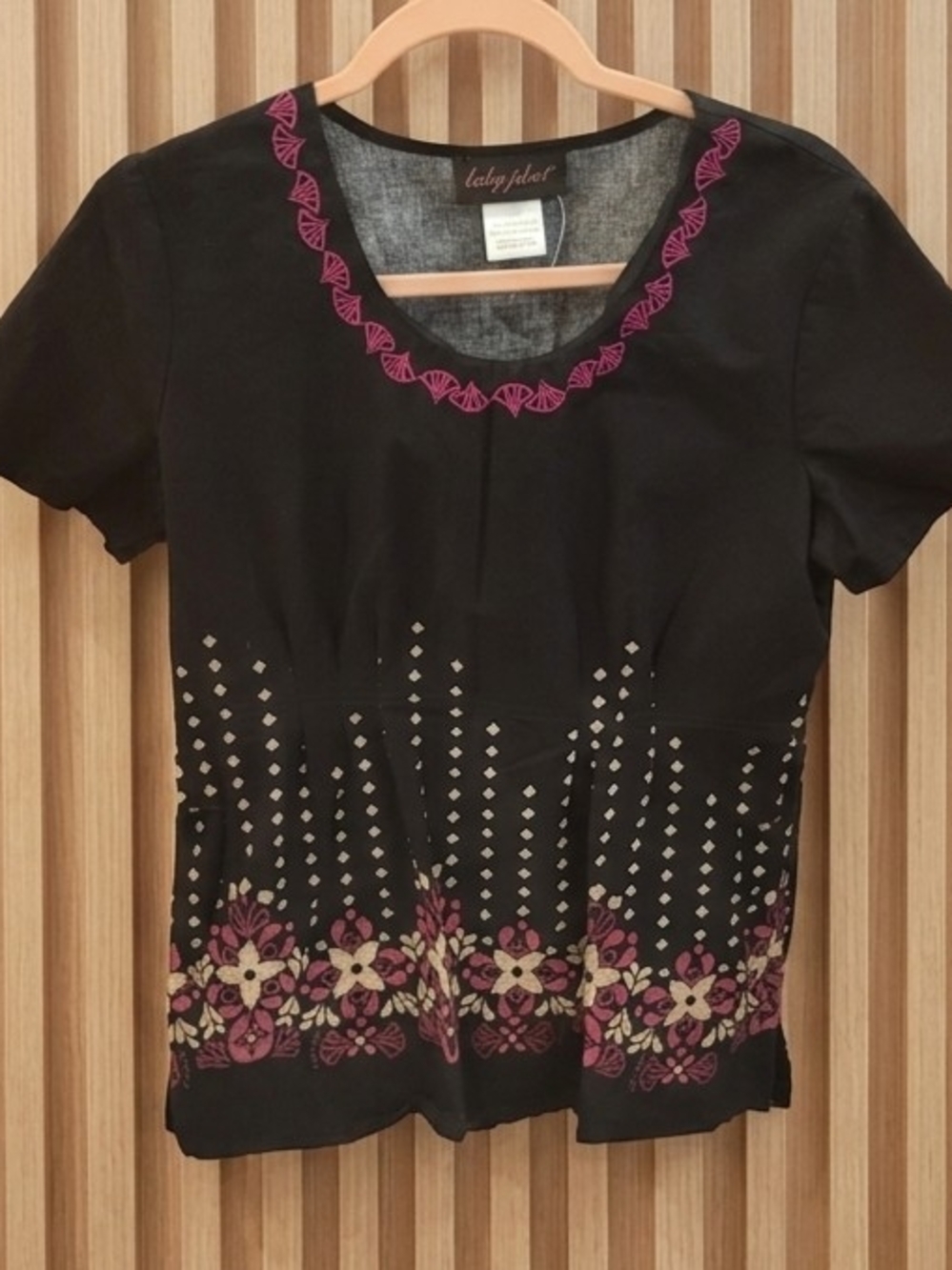 Baby Phat Black Short Sleeve Top with Pink and Cream Floral Border